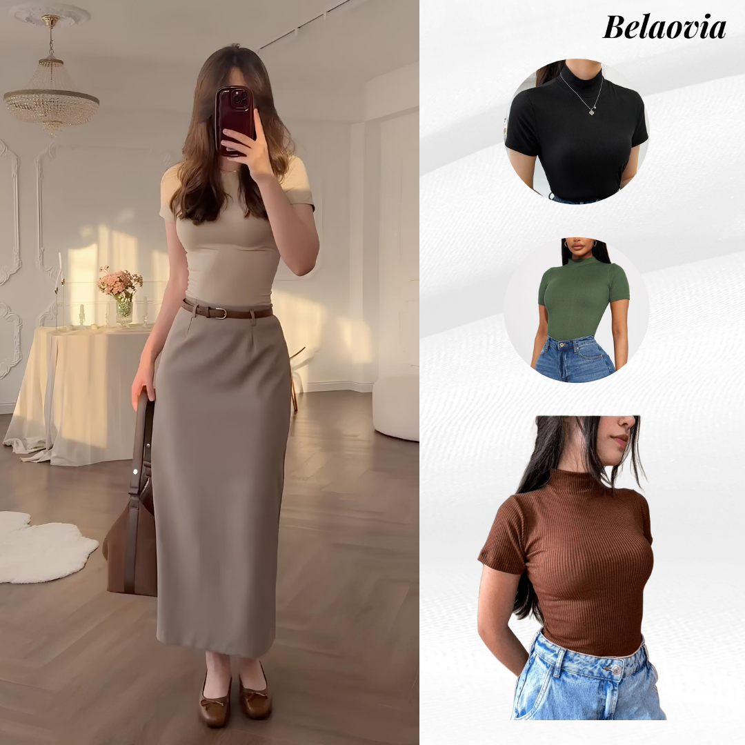 Elegant Summer Knit Turtleneck Blouse – Slim Fit Chic