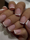24-Piece French Tip Press-On Nails – Elegant White Square with Heart Accent