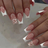 24-Piece French Tip Press-On Nails – Elegant White Square with Heart Accent