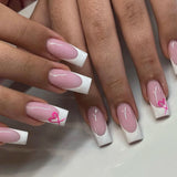 24-Piece French Tip Press-On Nails – Elegant White Square with Heart Accent